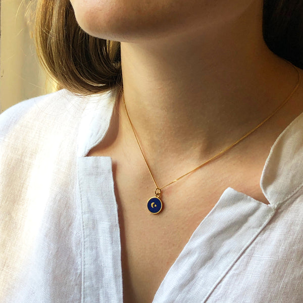 Indigo Blue Moon and Star Enamel Necklace