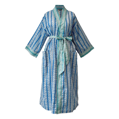 Full Length Cotton Kimono - Blue & Turquoise Fish