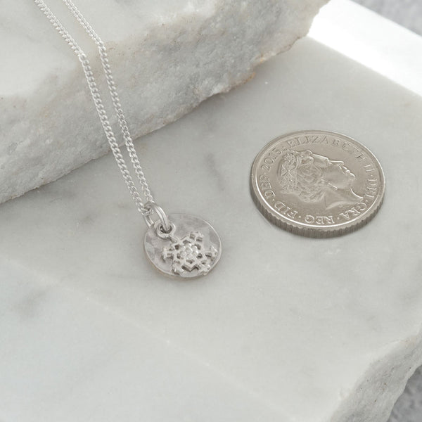 Mini Hammered Disc with Snowflake Necklace Sterling Silver