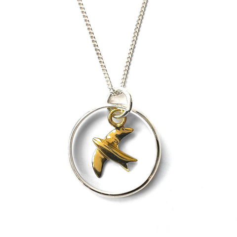 Silver Ring Necklace with Gold Vermeil Swallow Charm