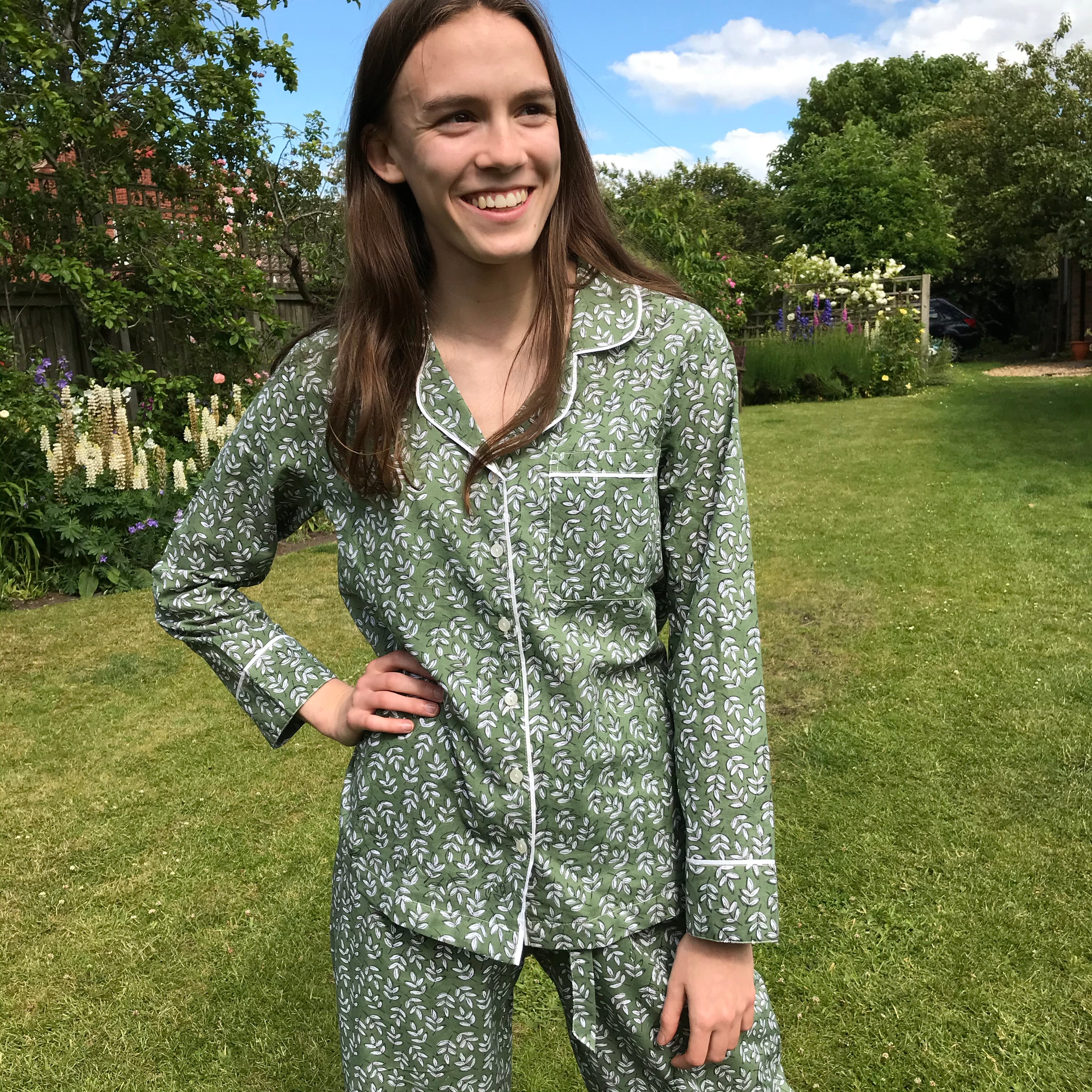 green leaf pyjamas made from block print cotton 