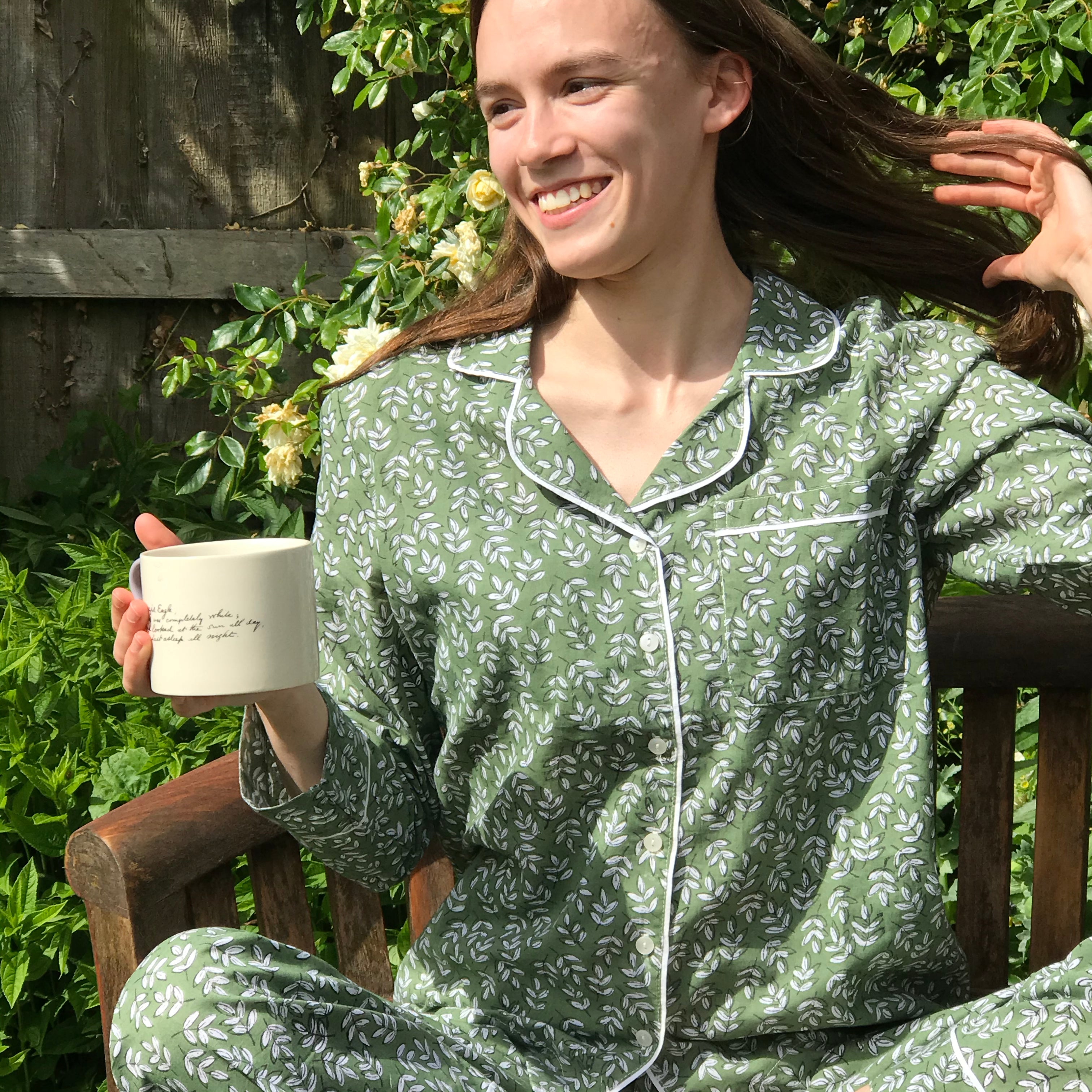 green leaf pyjamas made from block print cotton 