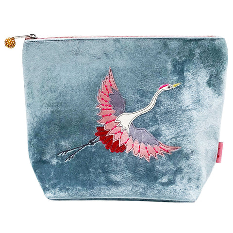 light grey purse with pink and red flying crane design, pink zip and gold beaded zip pull