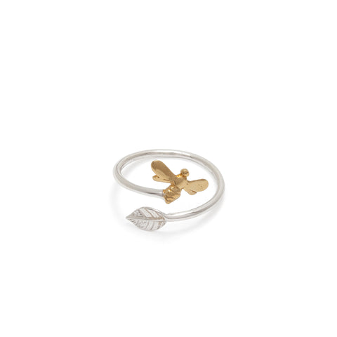 Adjustable Bee and Leaf Charm Ring Sterling Silver and Gold Vermeil